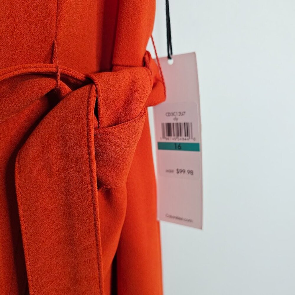 NWT CALVIN KLEIN Faux Wrap Dress ORANGE CLAY size 16 Ruffle Hem Summer Feminine - Picture 5 of 11